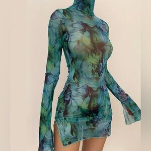 🩵 Emmiol floral sheer mesh long sleeve mini dress 🩵